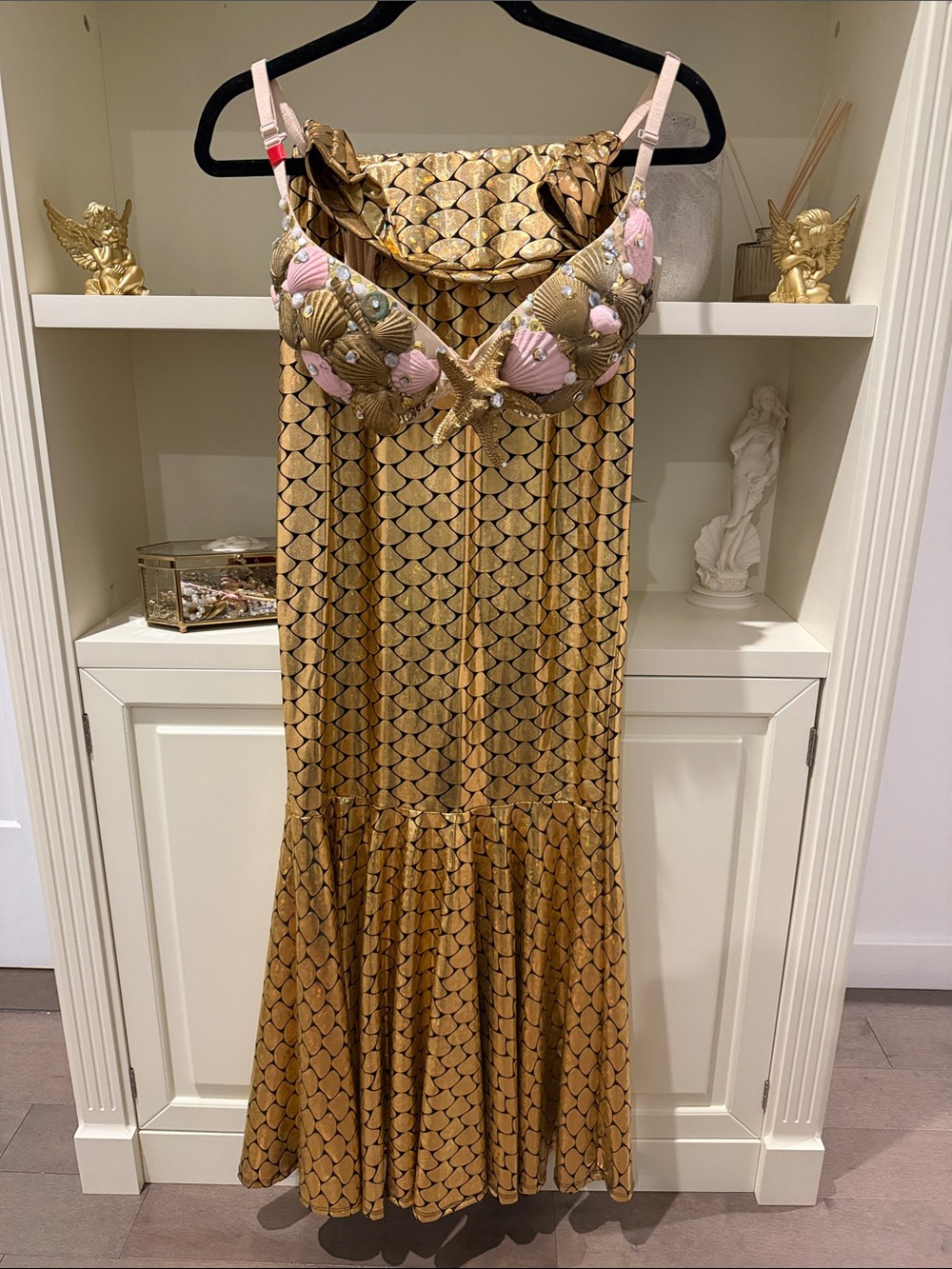 Mermaid Costume Gold Scale-Print Mermaid Maxi skirt with Pink Embellished Cups